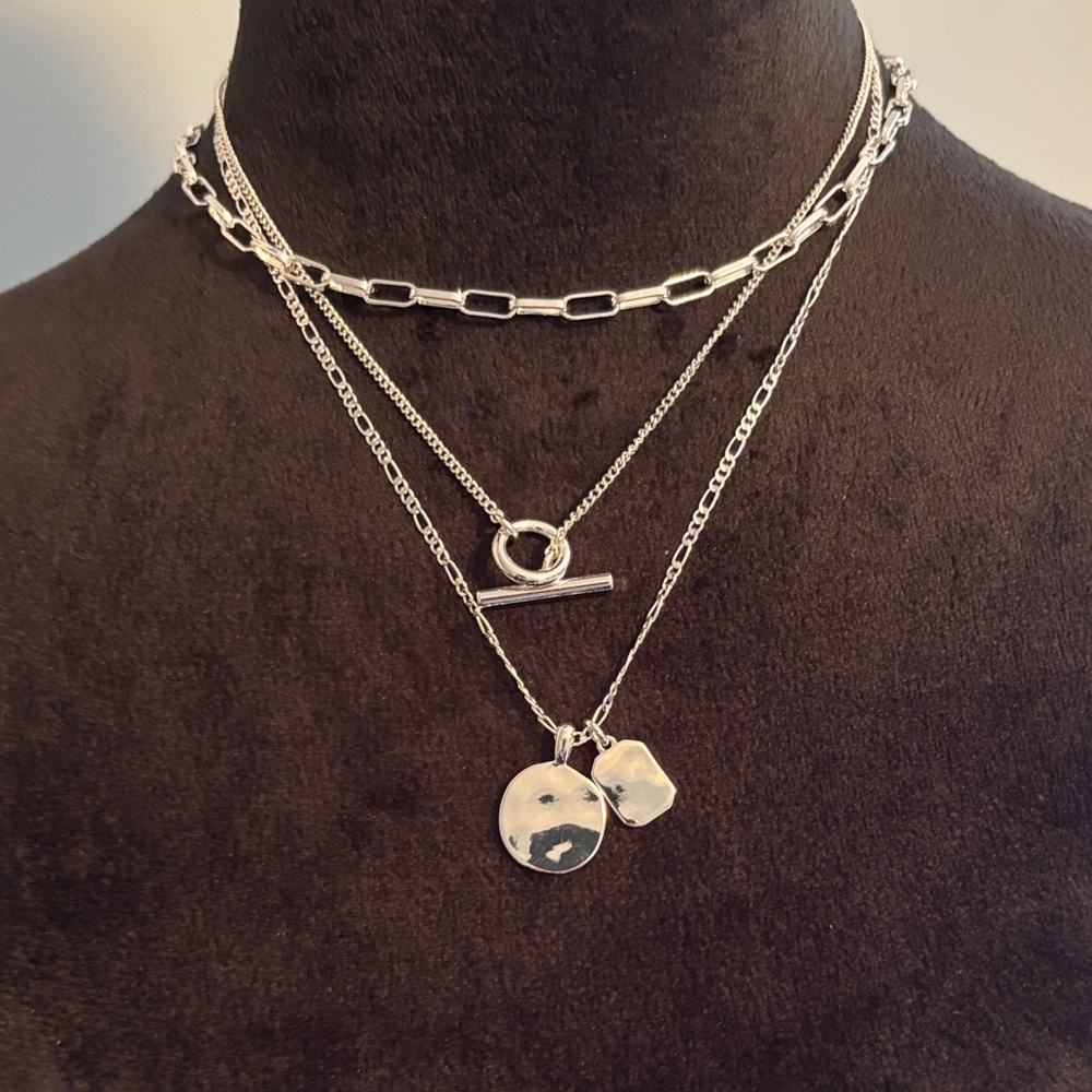 J. Crew Silver Layered Toggle Necklace with Disc and Charm
